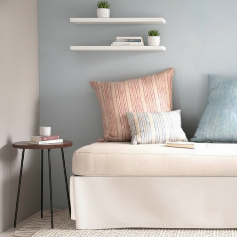 Beige daybed with pillows, side table, and white shelves for minimalist decor.