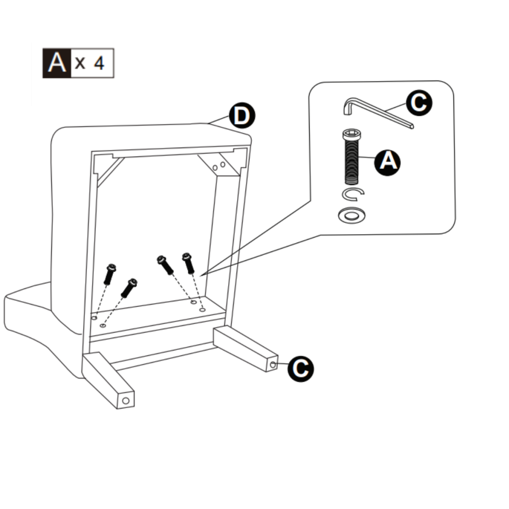 Upside-down chair illustration showing leg positions before screw attachment