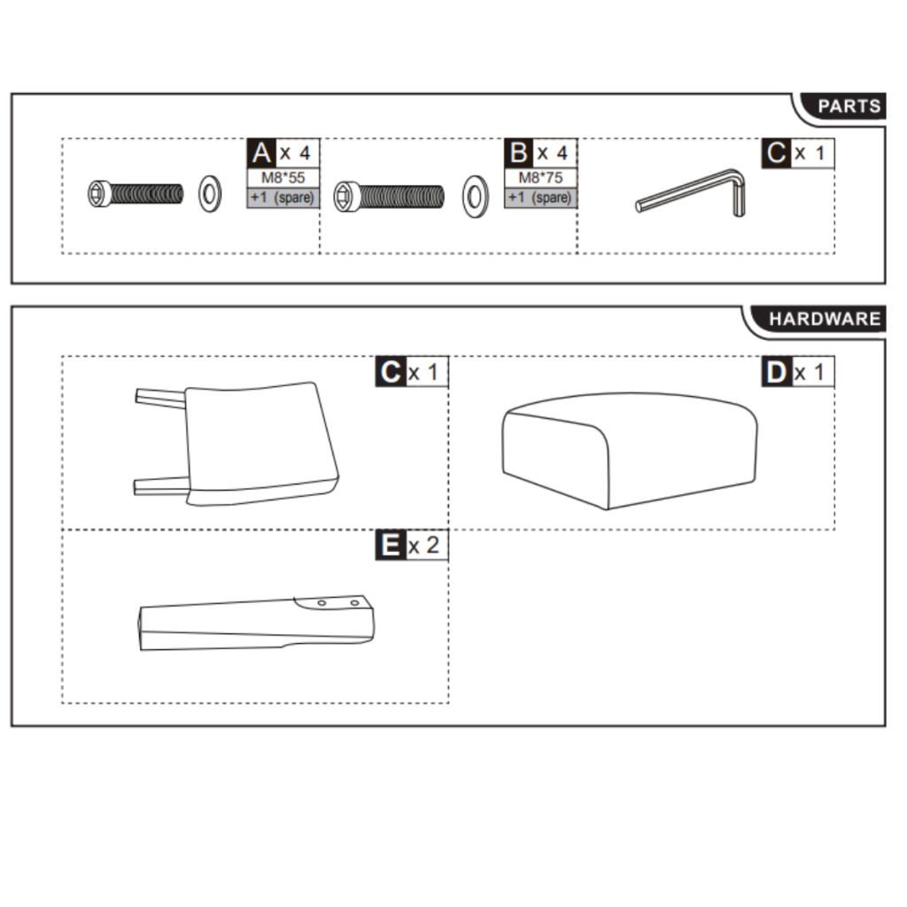 Hardware diagram listing bolts, Allen key, backrest, seat cushion, and legs