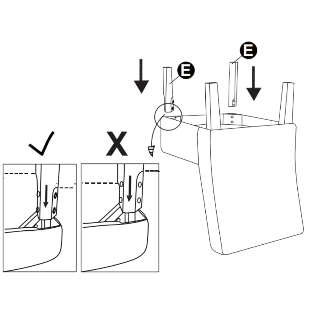 Diagram showing correct and incorrect ways to attach back legs or armrests