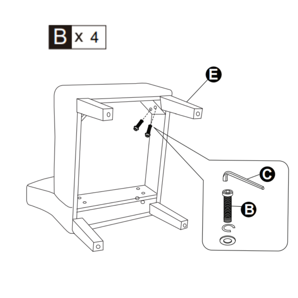 Illustration showing use of bolts and Allen key to secure back legs firmly