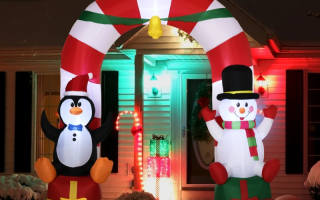 Penguin and snowman inflatable arch lit up at night in snowy yard