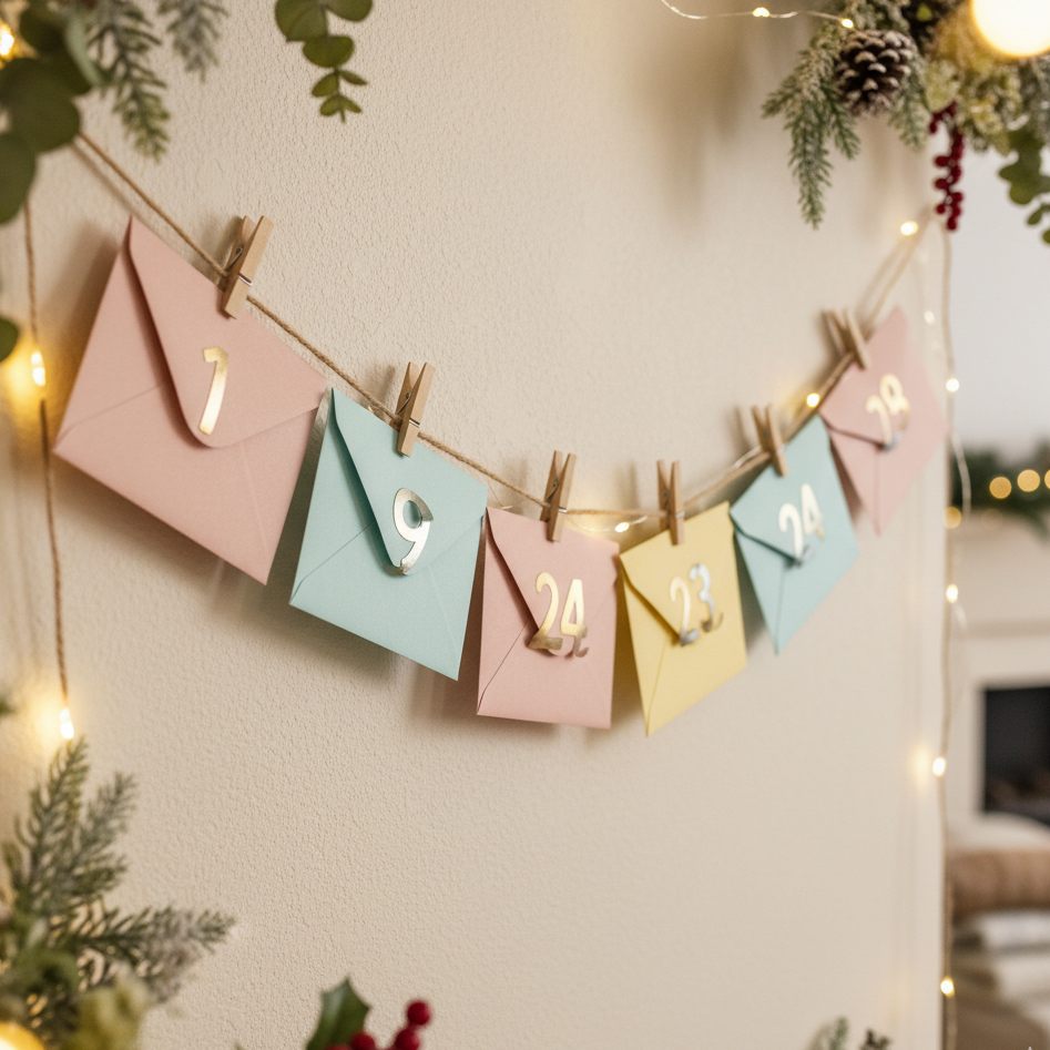 Pastel-coloured numbered envelopes clipped to twine garland with Christmas lights