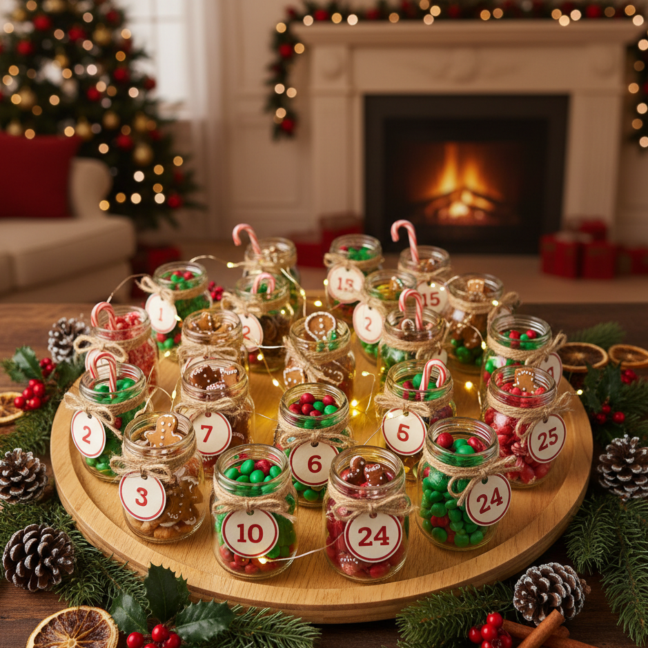 DIY Advent calendar made of numbered glass jars filled with candy and festive lights