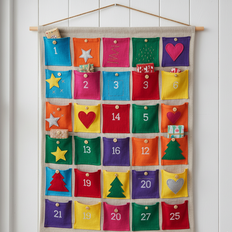 Colourful fabric Advent calendar with numbered felt pockets for small gifts or treats