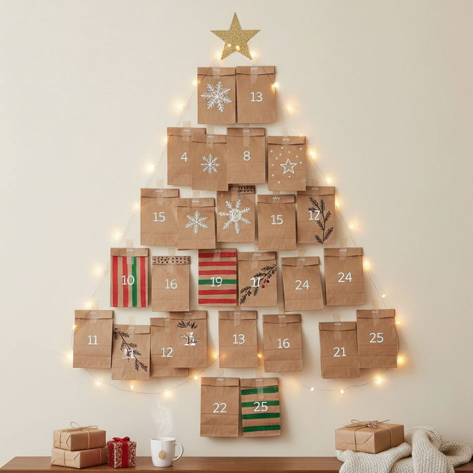 DIY paper bag Advent calendar arranged as a Christmas tree with fairy lights and gold star topper