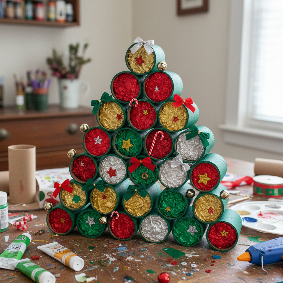 DIY Christmas tree Advent calendar made from decorated cardboard tubes with bows