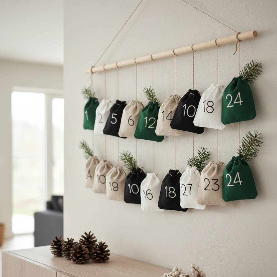 Minimalist hanging Advent calendar with neutral fabric bags and evergreen sprigs