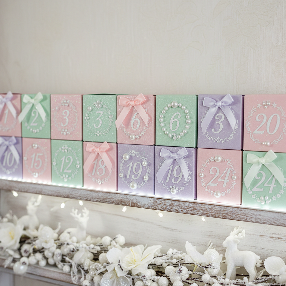 Pastel-coloured Advent boxes decorated with bows, pearls, and numbers in elegant display