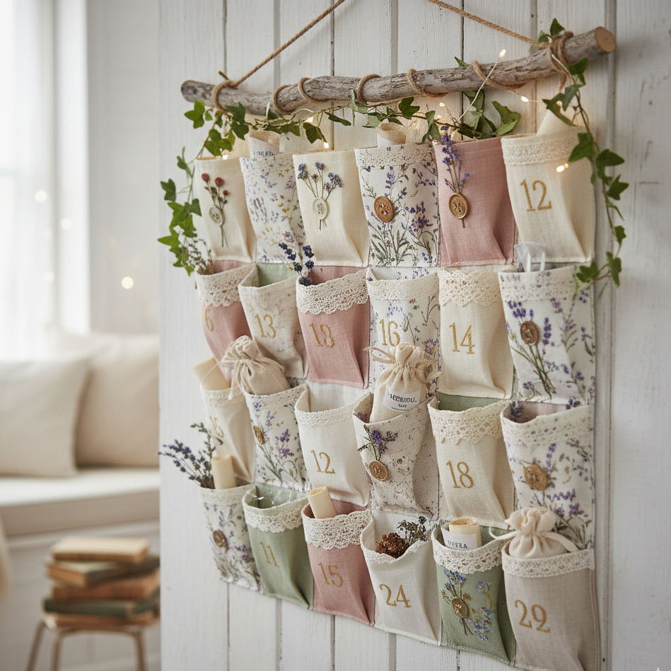 Fabric Advent calendar with floral pockets, lace trim, and wooden rod for hanging