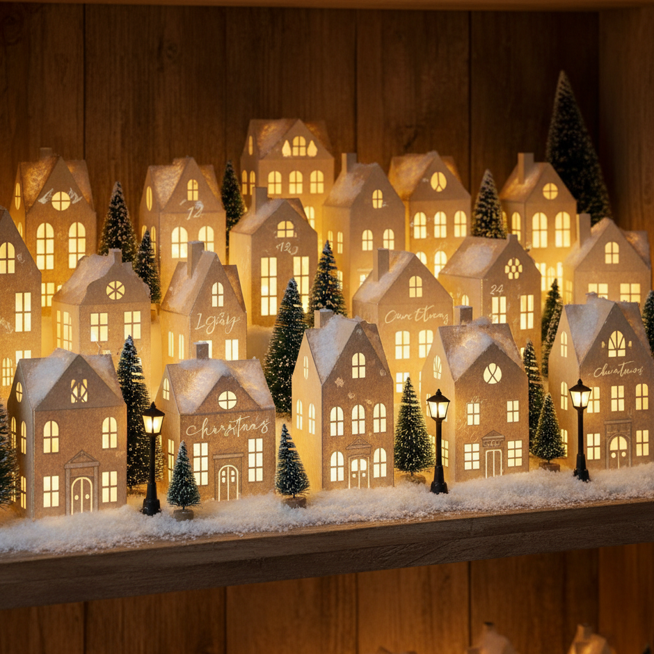 Light-up miniature Christmas village Advent calendar with snow, trees, and glowing houses