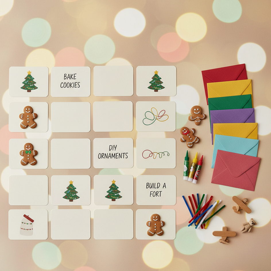 Flat lay of Christmas activity cards, gingerbread figures, crayons, and colourful envelopes