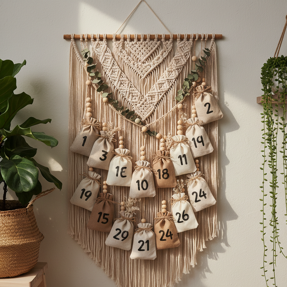 Macrame wall hanging Advent calendar with numbered beige and brown fabric pouches