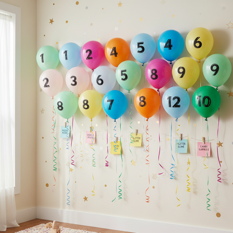 Numbered balloons on wall with hanging surprise notes for Advent countdown
