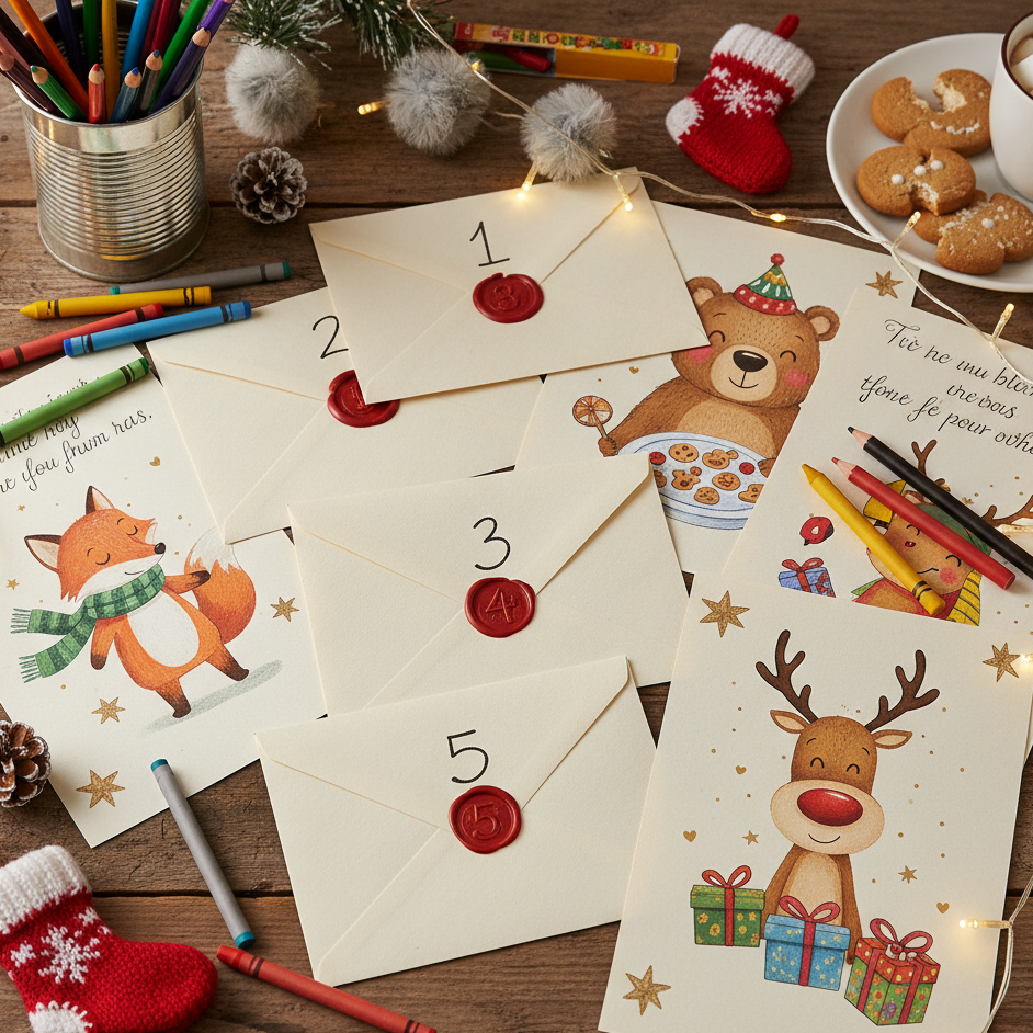 Children’s Advent envelopes with cute fox, bear and reindeer cards, crayons, and Christmas treats
