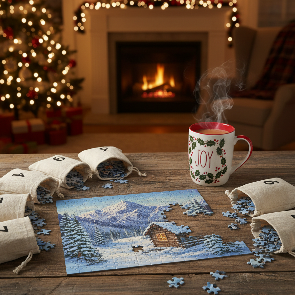 Advent puzzle calendar with numbered fabric bags and winter scene forming piece by piece
