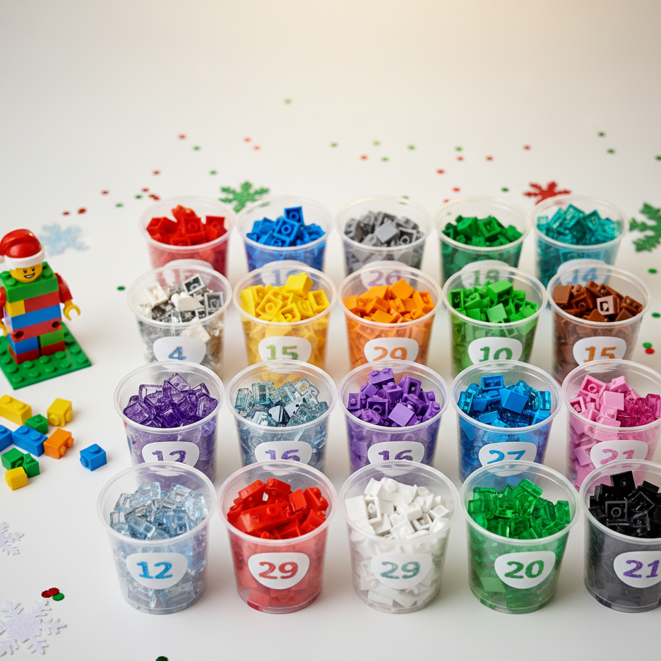 DIY LEGO Advent calendar with numbered cups of colourful bricks and festive confetti
