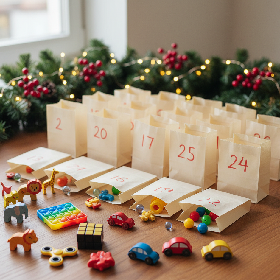 Kids’ Advent paper bags filled with small toys, puzzles, and colourful holiday decorations