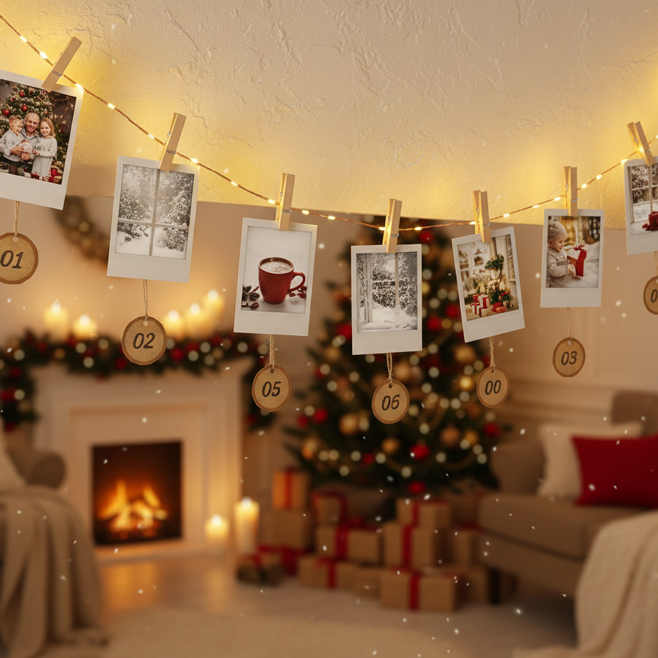 Hanging photo Advent calendar with numbered tags and Christmas lights in cosy living room