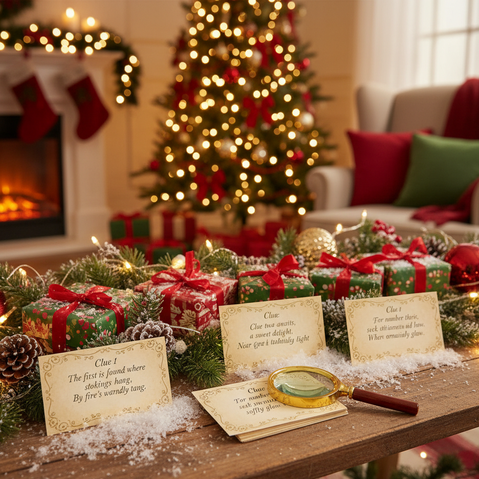 Christmas treasure hunt Advent clues surrounded by wrapped gifts and festive garland