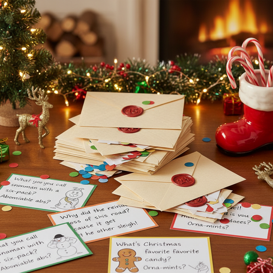 Christmas-themed riddle and joke Advent cards with envelopes and festive decorations