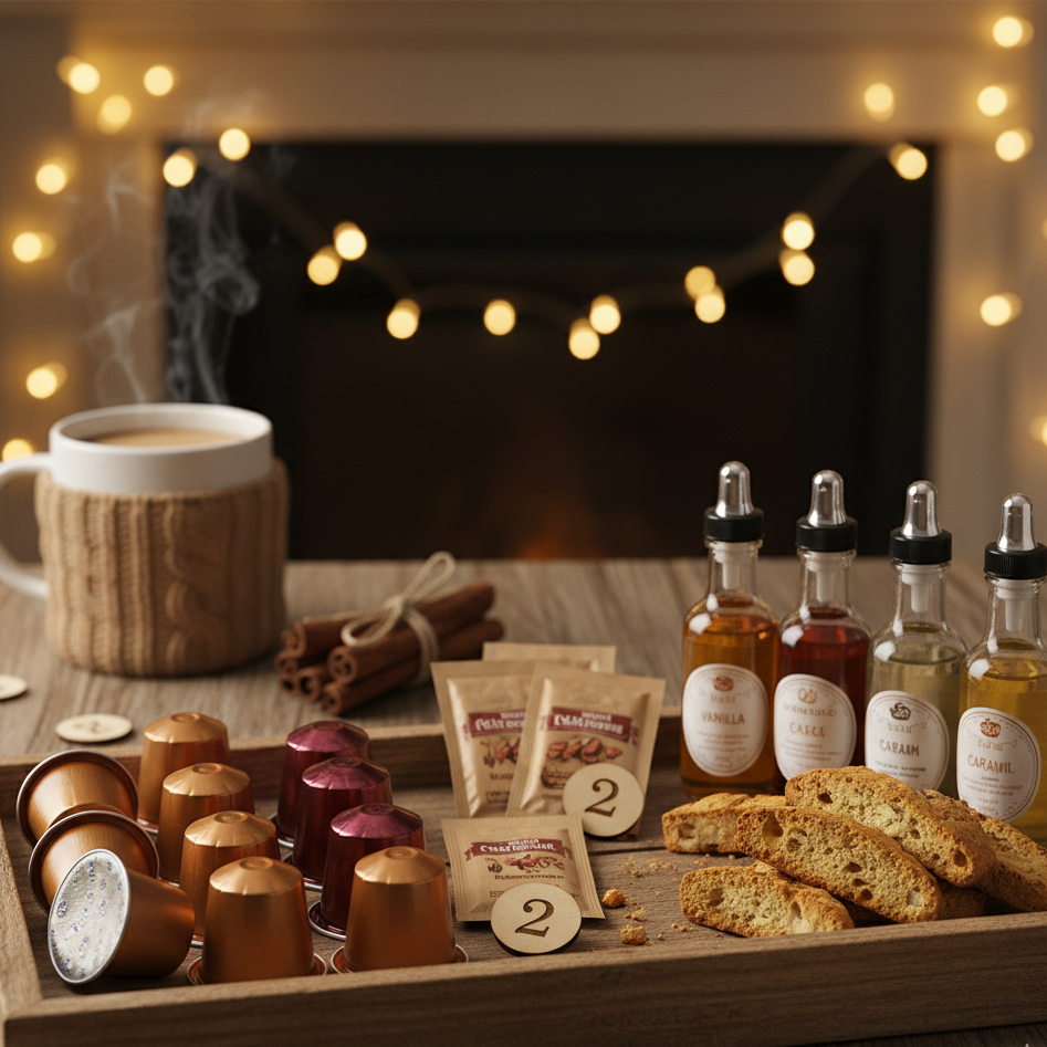 Cosy coffee Advent tray with syrups, pods, biscotti, and cinnamon near fireplace lights