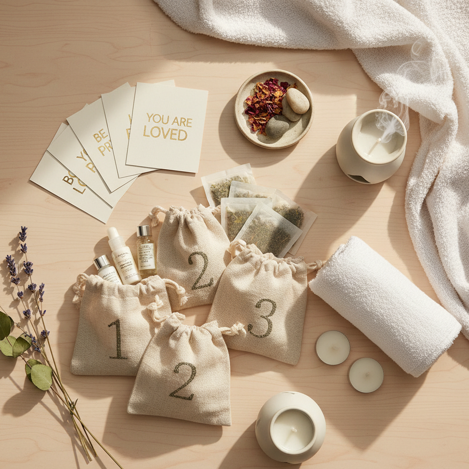 Wellness-themed Advent calendar with skincare, tea, candles, and positive affirmation cards