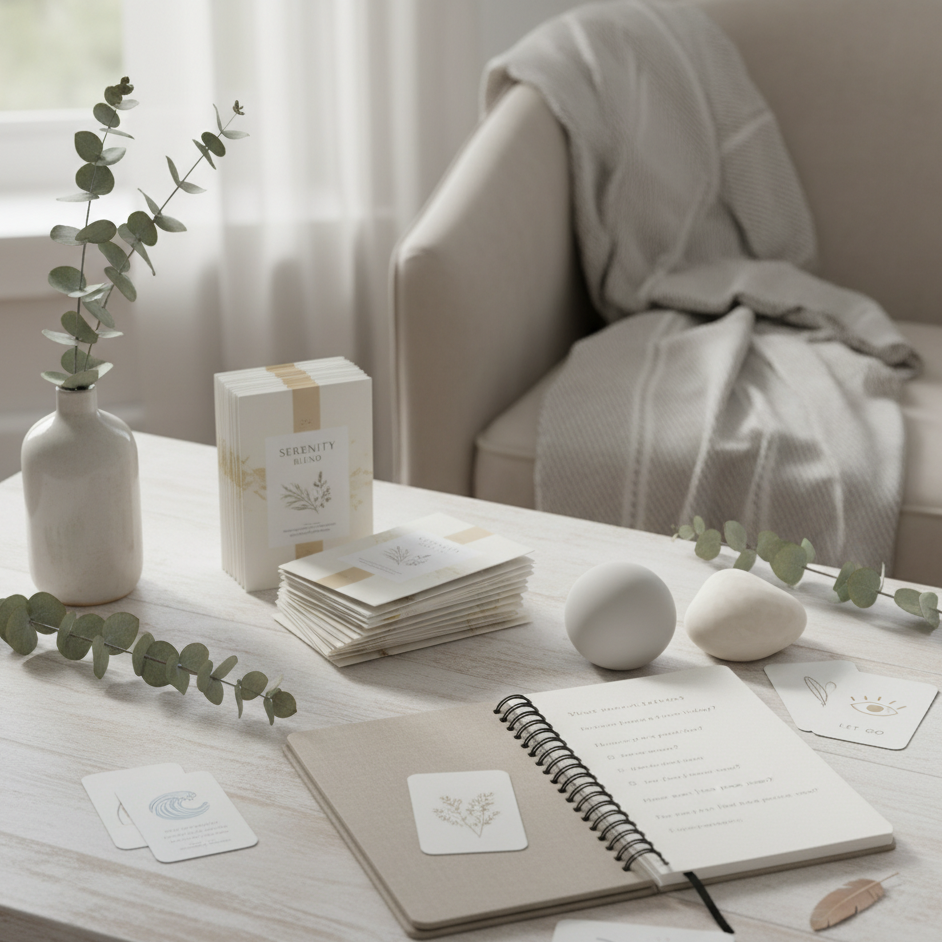 Calm wellness Advent setup with mindfulness cards, notebook, and soothing neutral décor