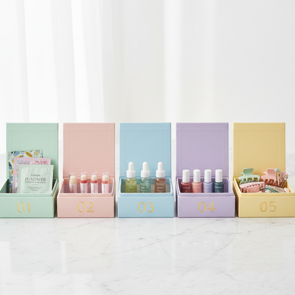 Pastel boxes filled with skincare bottles, serums, and beauty gifts arranged in order