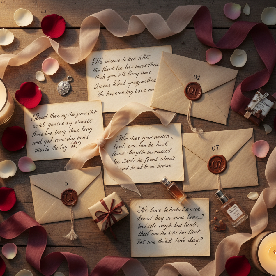 Romantic Advent calendar with sealed envelopes, handwritten letters, candles, and ribbon décor