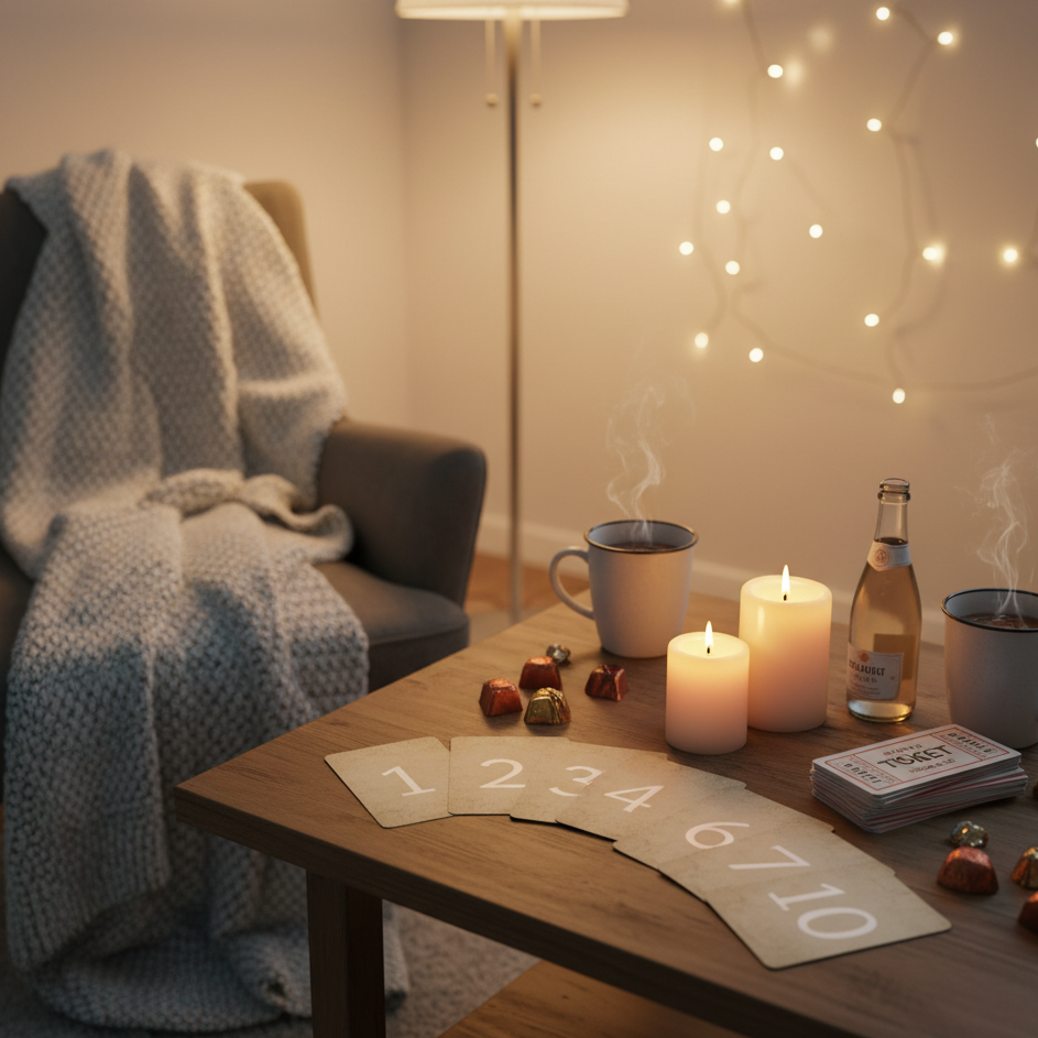 Cozy living-room setup with numbered cards, candles, mugs, and fairy lights
