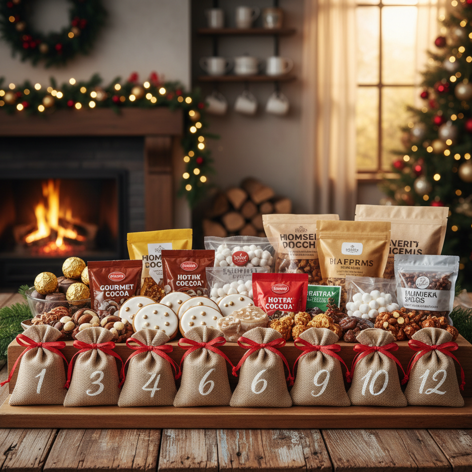 Hot cocoa and snacks Advent calendar with numbered pouches and festive fireplace background
