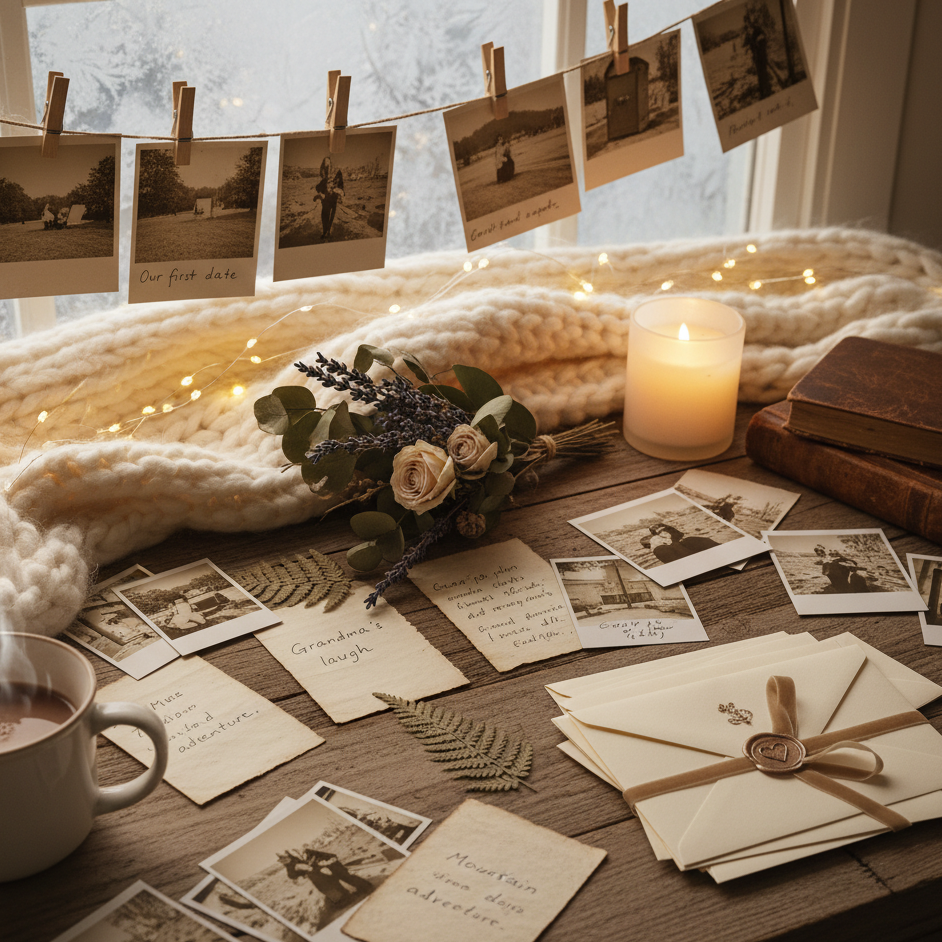 Romantic memory Advent calendar with vintage photos, candles, and handwritten notes