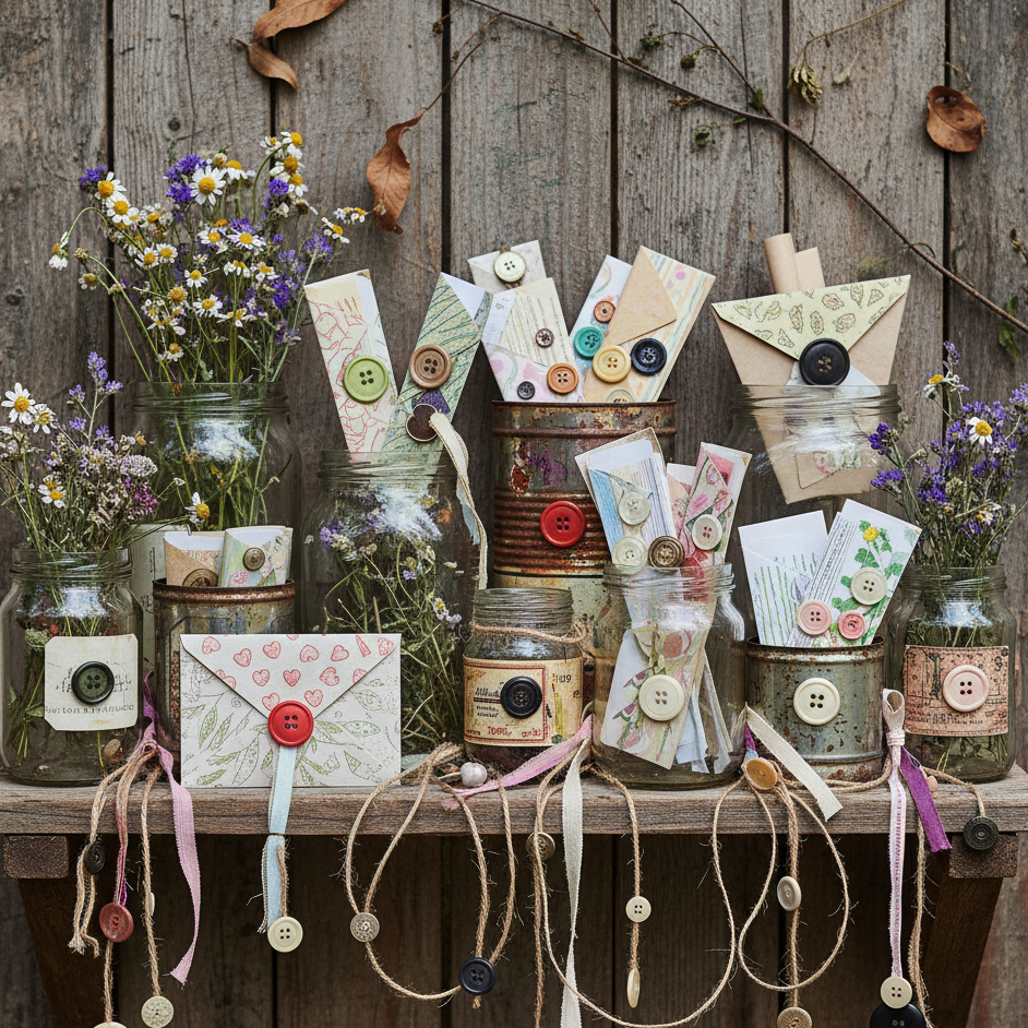 Rustic eco-friendly Advent calendar made from jars, tins, and envelopes with button details