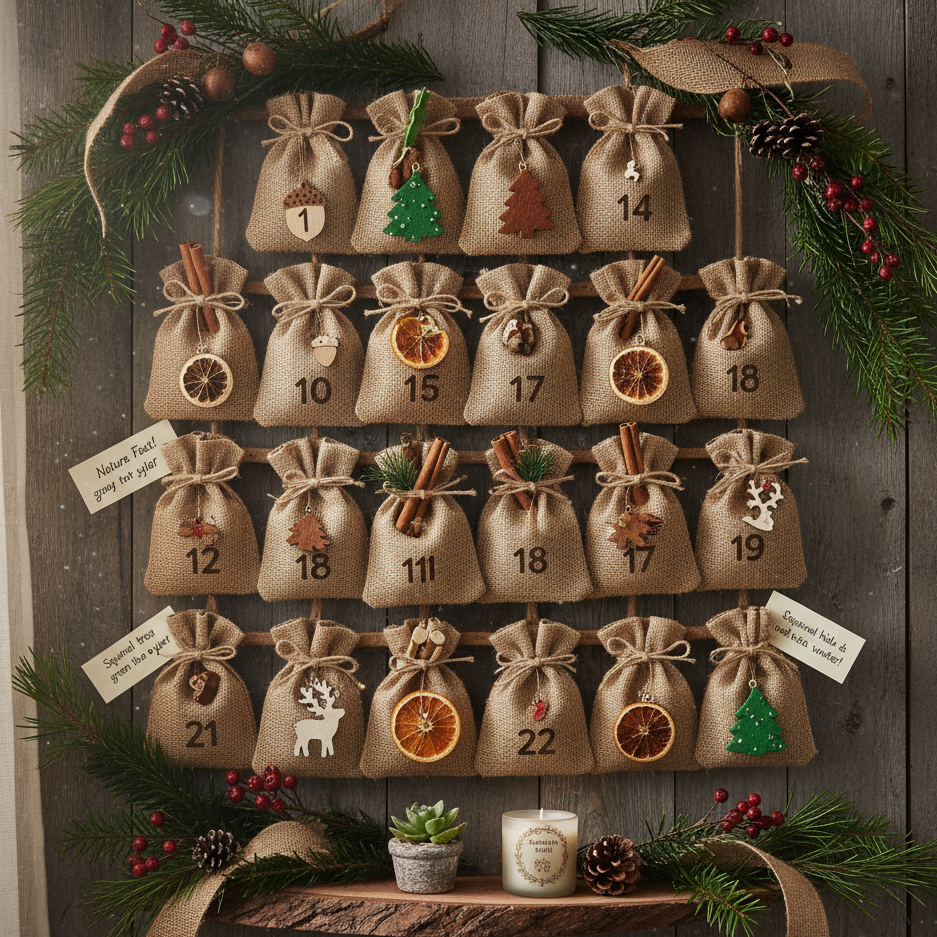 Rustic Advent display with burlap bags, dried oranges, pine cones, and evergreen branches