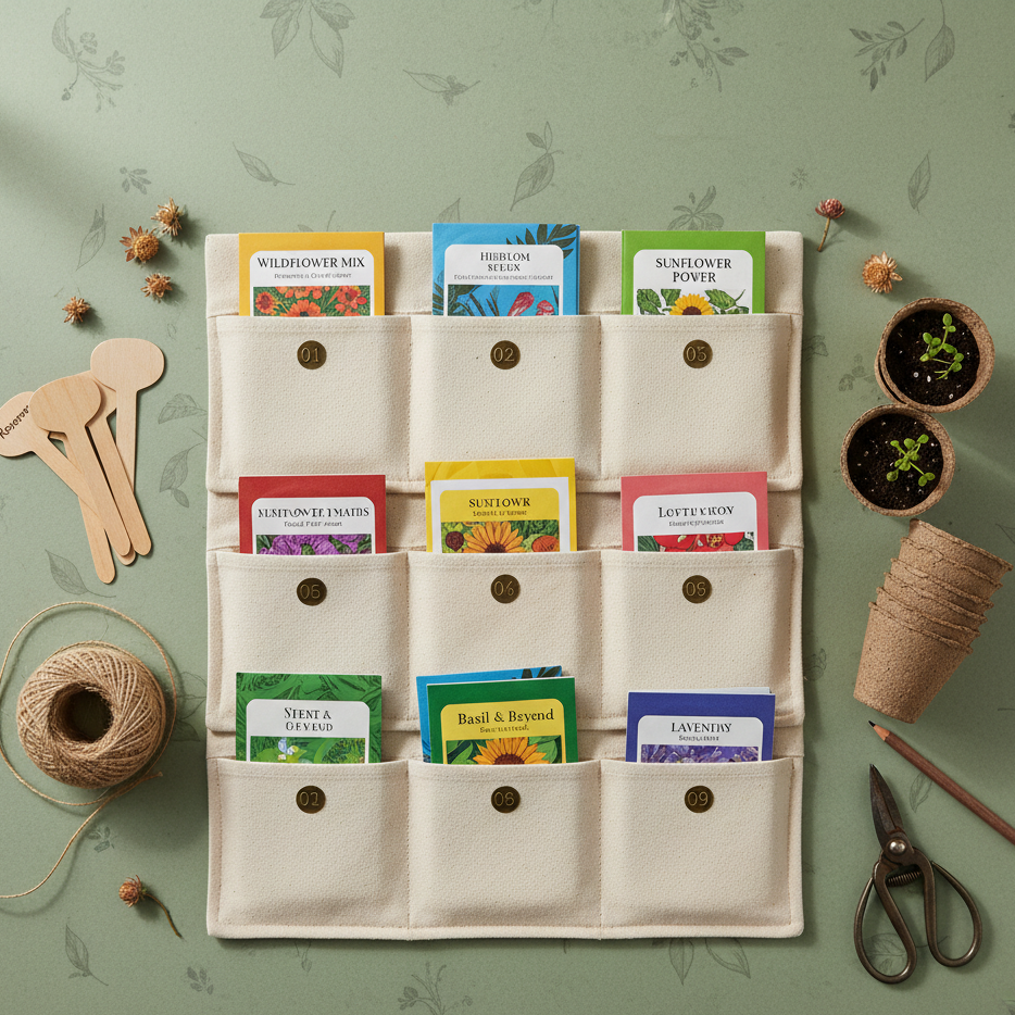 Wall-mounted seed packet Advent calendar with numbered pockets and garden tools