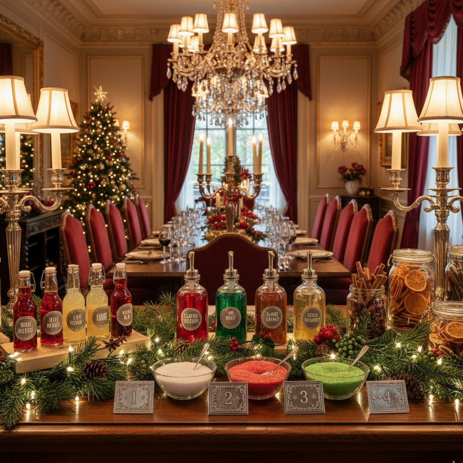 Elegant holiday drink Advent setup with syrups, sugar mixes, and decorations on festive table