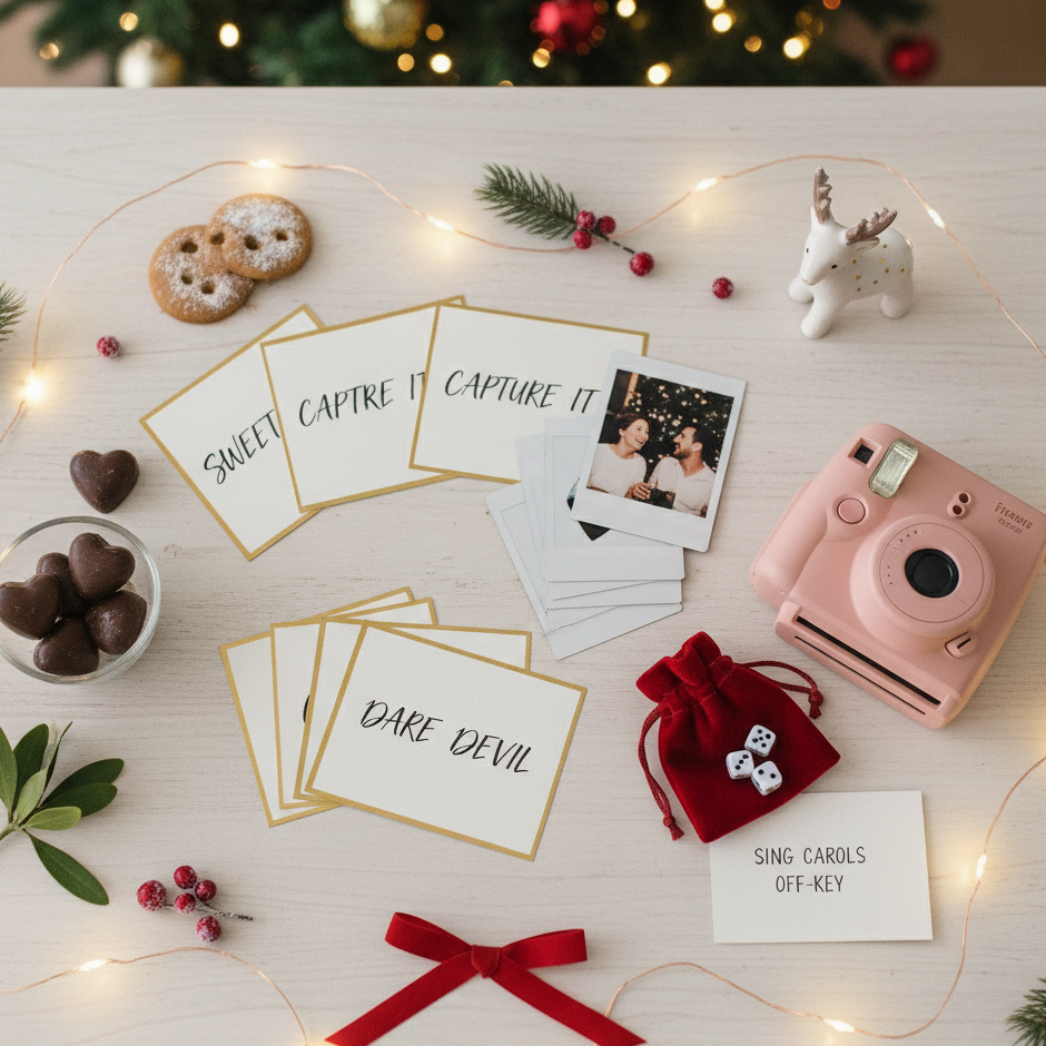Romantic holiday activity cards, instant photos, chocolates, and camera on table