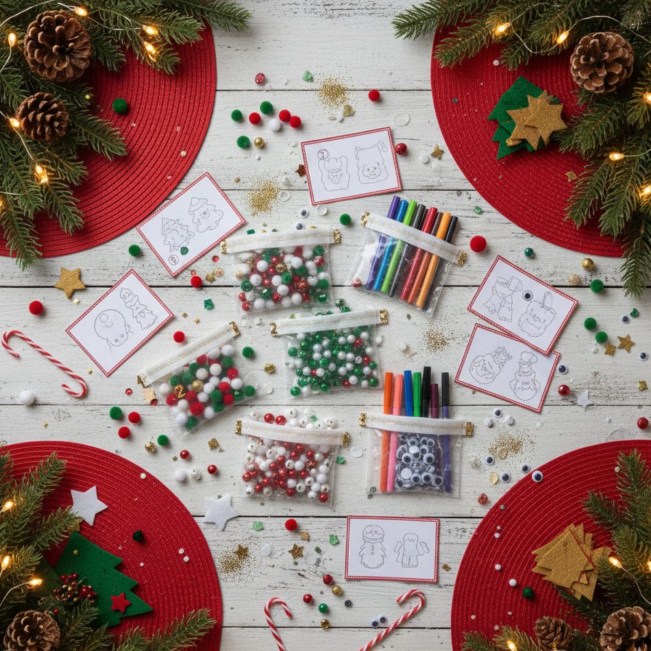 Holiday craft Advent setup with markers, pom-poms, googly eyes, and Christmas colouring cards