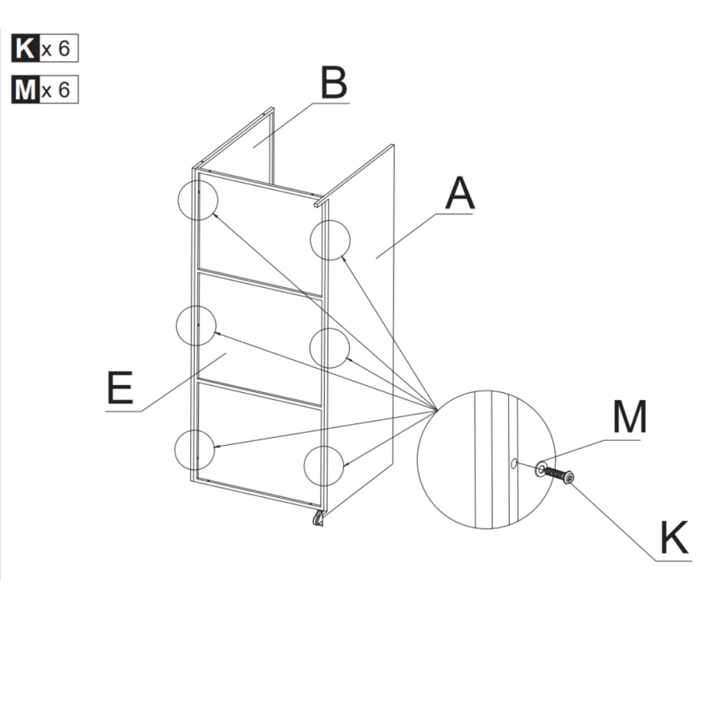 Diagram showing connection of side panels to rear panel using screws and washers