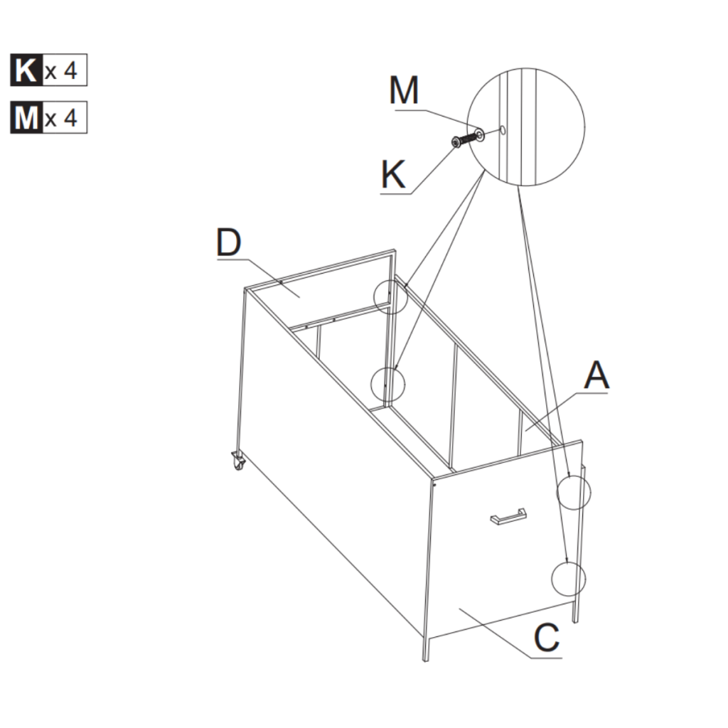 Assembly step showing rear panel secured to frame with bolts and washers