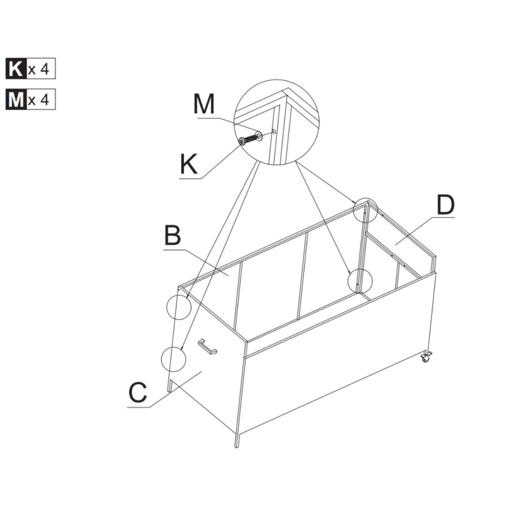 Right side panel being aligned and fixed to box frame with hardware detail view