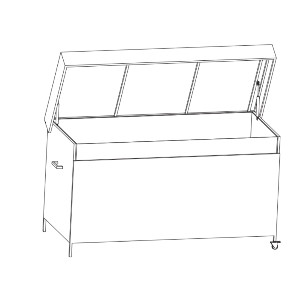 Completed outdoor storage box with lift-up lid and side handles fully assembled