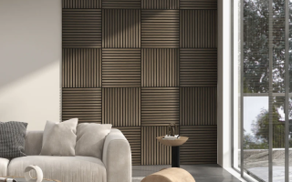 Modern living room with dark wood panelling accent wall and neutral sofa decor