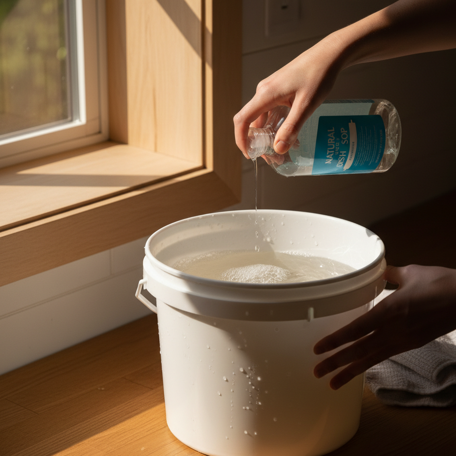 Hand pouring natural soap into a white bucket to prepare mild wood-safe cleaning mix