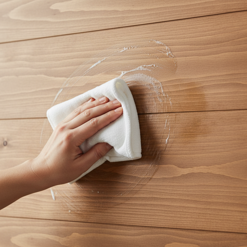 Person wiping wooden wall with damp cloth to remove leftover soap film