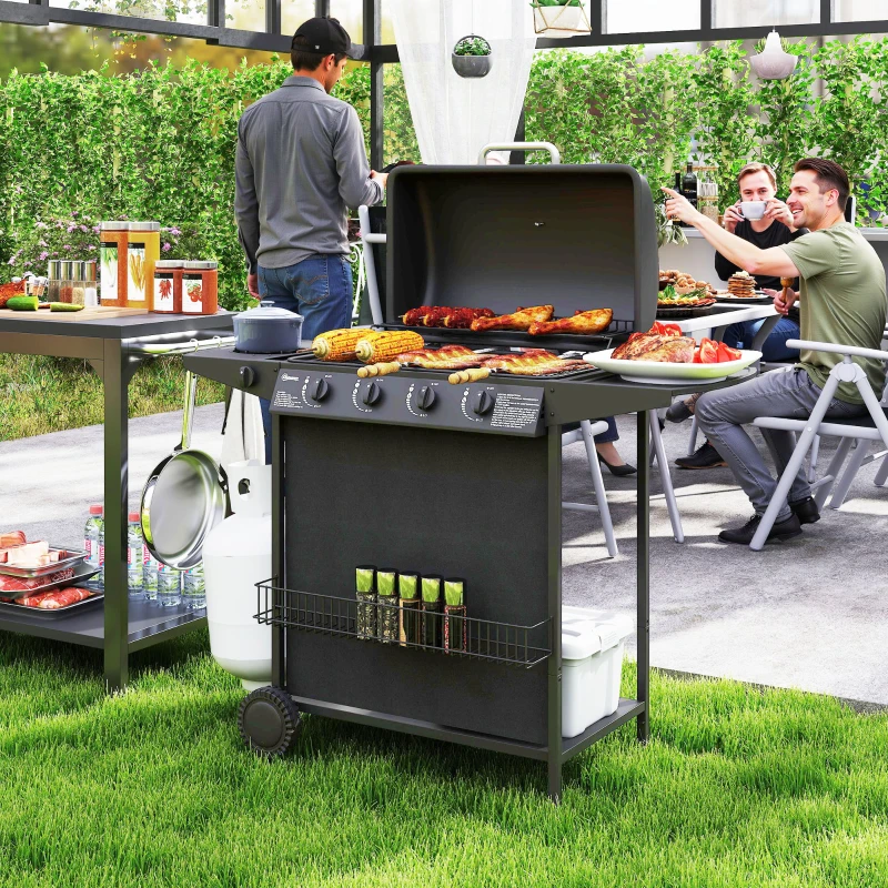 Man grilling food on large four-burner Outsunny propane gas BBQ during backyard party.