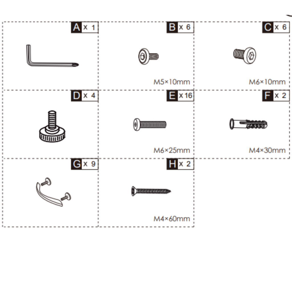 Complete hardware list for HOMCOM 9-drawer dresser showing screws, bolts, handles, and tools