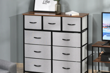 Modern grey HOMCOM 9-drawer dresser with black metal frame and wood top in bedroom setting