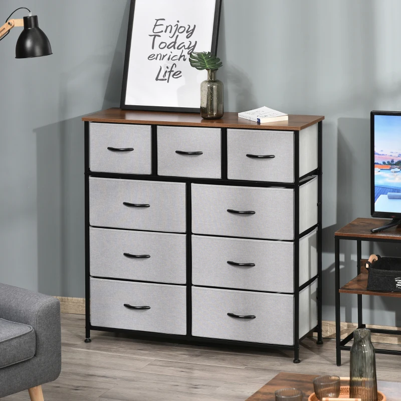 Modern grey HOMCOM 9-drawer dresser with black metal frame and wood top in bedroom setting